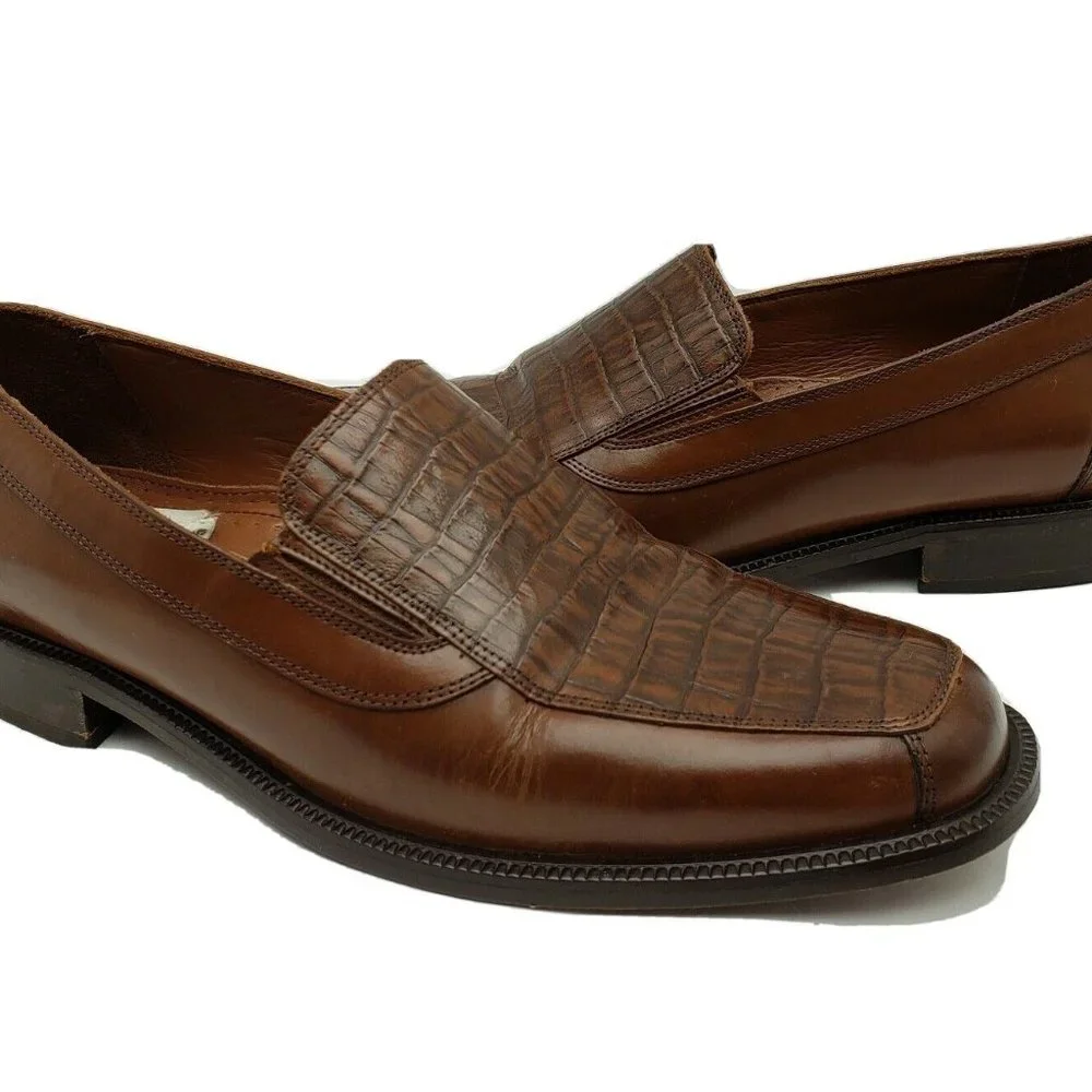 Stafford‎ Dress Shoes Mens 9.5M Brown Leather Croc Accent Slip On Loafer Casual